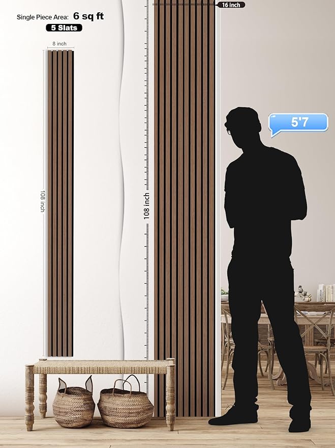 Mollywell Wood Slat Wall Panels - Time-Saving Installation Soundproof Slat Panels on Any Wall Surface, 0.95 NRC Dual-Layer Acoustic Design, Commercial-Grade MDF Core (2 Pack, 108x8in, Teak)
