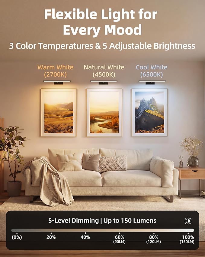 EZVALO Picture Light for Wall, 16'' Black Rechargeable 4800mAh Battery Lights Wireless with IR Remote, Magnetic LED Art Painting Light with 3 Color Temperatures, Display for Gallery, Living Room(2P)