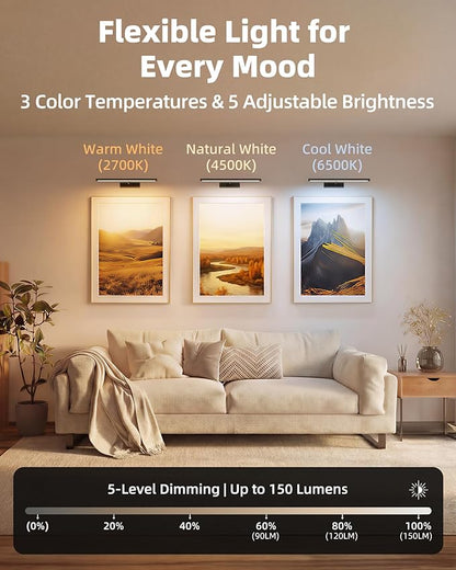 EZVALO Picture Light for Wall, 16'' Black Rechargeable 4800mAh Battery Lights Wireless with IR Remote, Magnetic LED Art Painting Light with 3 Color Temperatures, Display for Gallery, Living Room(2P)