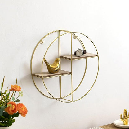 Vintiquewise Elegant 2-Tier Decorative Floating Circular Silhouette Wall Shelf - Circular Metal and Wood Wall-Mounted Shelf for Entryway, Bathroom, Bedroom, and Living Room Decor, Gold Finish