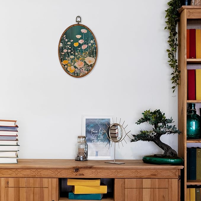 KSDUT Retro Aesthetic Floral Green Wall Art Decor - Botanical Neutral Mid Century Modern Wall Art Canvas Frame Hanging Prints, Vintage Landscape Oval Wall Art Decor for Home Decorations 8.6"x11.4"