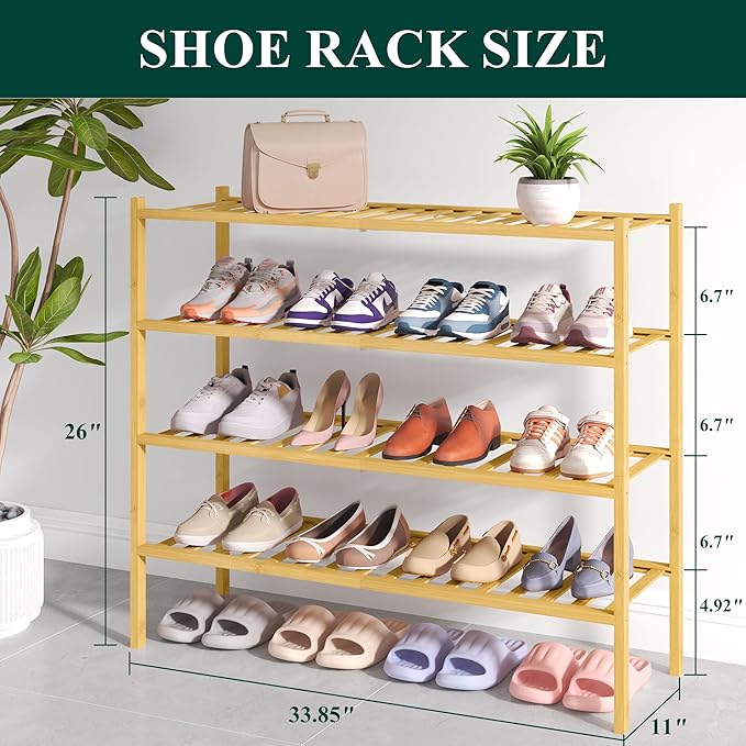 Smiry Bamboo Shoe Rack for Closet, 4 Tier Long Wooden Stackable Shoe Organizer, Free Standing Shoes Storage Shelf for Entryway, Front Door Entrance, Natural