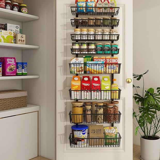 Over The Door Pantry Organizer, Pantry Organization and Storage, 8-Tier Deep Baskets Hanging Heavy-Duty Metal, Wall Spice Rack Seasoning Shelves for Home & Kitchen, Laundry Room Bathroom, Black