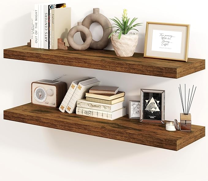 30 Inch Floating Shelves, Rustic Floating Wall Shelves 8 Inch Deep, 30 x 8 Floating Shelves for Home Decor, Deep Storage Shelves for Kitchen, Bathroom, Living Room, Rustic Brown Color, Set of 2