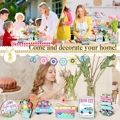 Amyhill 14 Pcs Spring Tiered Tray Decor Farmhouse Easter Decorations Hello Spring Wooden Signs Gnome Flower Butterfly Mini Table Decor for Home Kitchen Coffee Bar Shelf