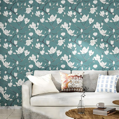 Vintage Floral Wallpaper Peel and Stick Blue Floral Contact Paper for Bedroom Waterproof Self Adhesive Boho Leaf Modern Wall Paper for Cabinets Locker Walls Bookcase Decor 17.5" X 393"