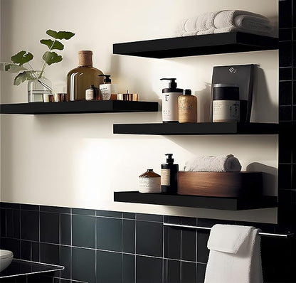 Black Wood Floating Shelves for Wall Rustic Wall Shelf for Bedroom Living Room Set of 4