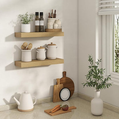20 Inch Floating Shelves | 6.5 Inch Deep Oak Floating Shelves Set of 2 | 20" W x 6.5" D Rustic Oak Shelves with Invisible Brackets for Bathroom Living Room Bedroom
