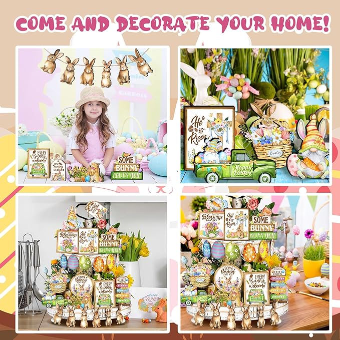 Amyhill 24 Pcs Easter Tiered Tray Decor Bunny Easter Spring Decorations Farmhouse Wooden Signs Gnome Egg Flower Tiered Tray Decor for Home Kitchen Coffee Bar Table Shelf
