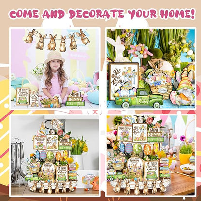 Amyhill 24 Pcs Easter Tiered Tray Decor Bunny Easter Spring Decorations Farmhouse Wooden Signs Gnome Egg Flower Tiered Tray Decor for Home Kitchen Coffee Bar Table Shelf