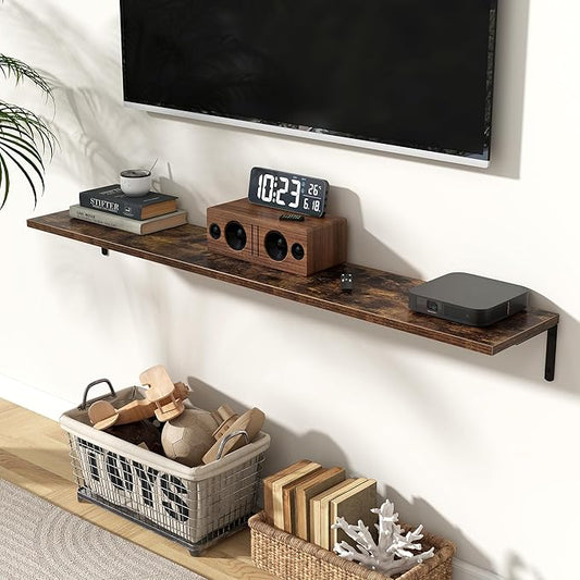 Fun Memories Deep Floating Shelves, 55W x 8D Floating Shelves Set of 2, Wall Mounted Shelf with Metal Brackets, Rustic Wood Wall Shelf for Bathroom, Kitchen and Living Room, Rustic Brown