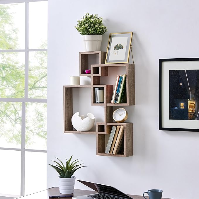 Danya B. Decorative Wall Mount Floating Intersecting Cube Accent Wall Shelf (Weathered Oak)