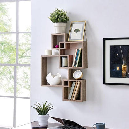 Danya B. Decorative Wall Mount Floating Intersecting Cube Accent Wall Shelf (Weathered Oak)