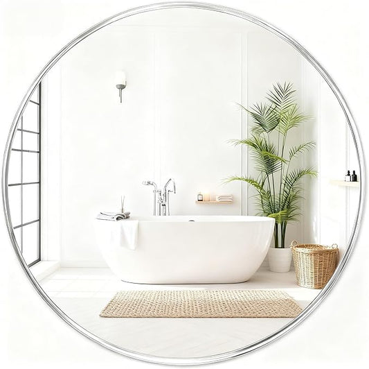 Fabuday Silver Circle Mirror for Wall 22 inch - Round Mirror for Bathroom, Entryway, Living Room, Hallway, Bedroom Decor, Small Chrome Frame Mirrors