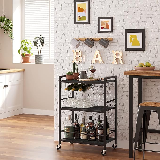 TUTOTAK Bar Cart - Serving Cart for Home - Microwave Cart, Drink Cart, Mobile Kitchen Shelf with Wine Rack and Glass Holder, Rolling Beverage Cart BC01BK030