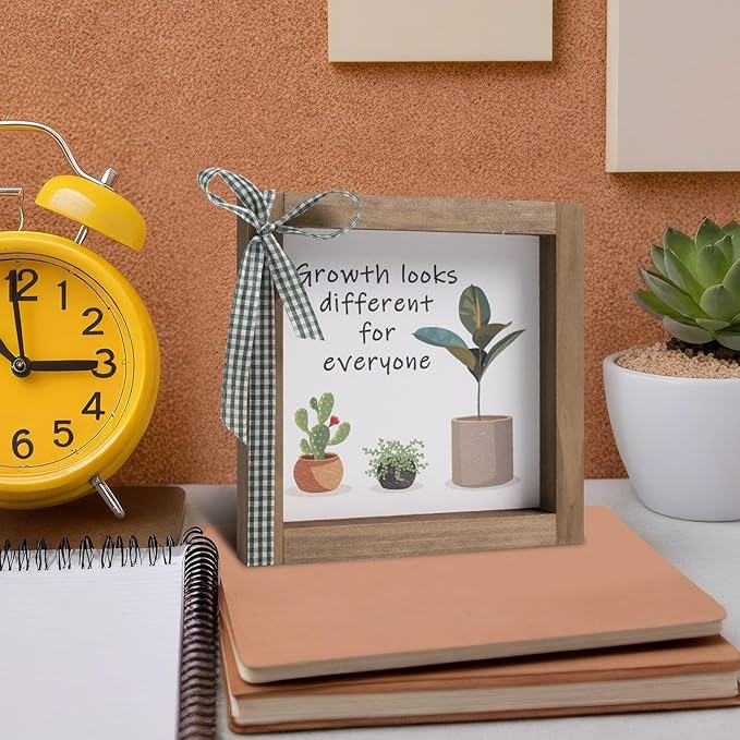 6 Inch Office Desk Decor, Wooden Growth Looks Different for Everyone Plant Sign, Rustic Motivational Art for Cubicle Table Shelf Classroom Inspirational Home Decorations