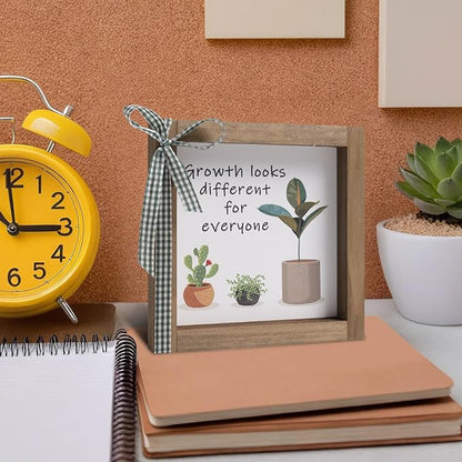 6 Inch Office Desk Decor, Wooden Growth Looks Different for Everyone Plant Sign, Rustic Motivational Art for Cubicle Table Shelf Classroom Inspirational Home Decorations