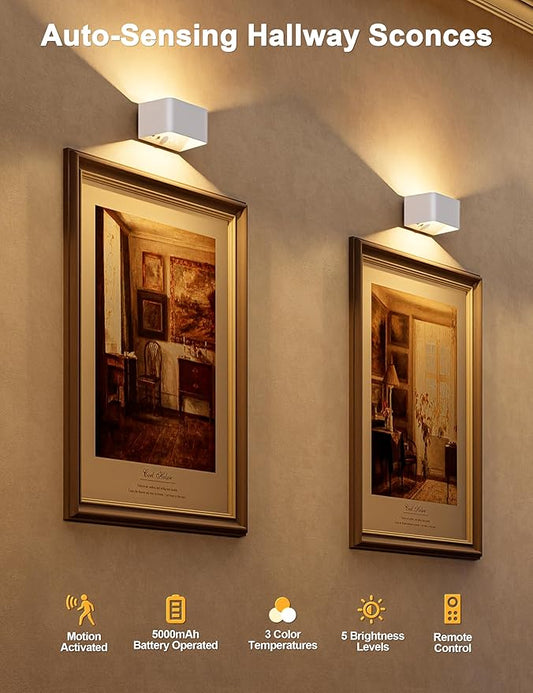 NIORSUN Motion Sensor Wall Light, 5000mAh Battery Operated Wall Sconce with Remote, 3CCT Dimmable Rechargeable Wall Lights,Wireless Sconces for Living Room Bedroom Hallway