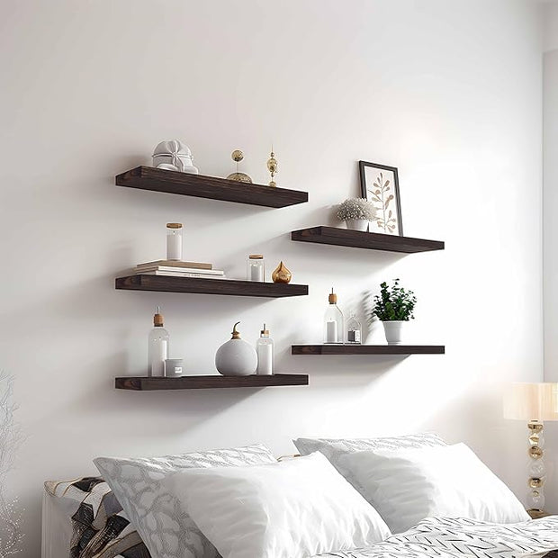 PHPH Wood Floating Shelves for Wall, Wooden Wall Shelves for Bedroom, Set of 6 Brown 17 Inch