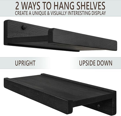Wood Wedge Floating Shelves for Wall 24 inch, Photo & Picture Ledge, Black Modern Wall Storage Shelves with Lip, Kids Book Shelf, Shelves for Bedroom, Living Room, Bathroom, Kitchen, Set 2