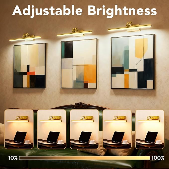 Picture Light,Picture Lights for Wall Cordless,20" Picture Lights with Timer and Dimmable,Battery Wall Lights for Display Gallery Painting Art Frame Portrait-Plated Gold