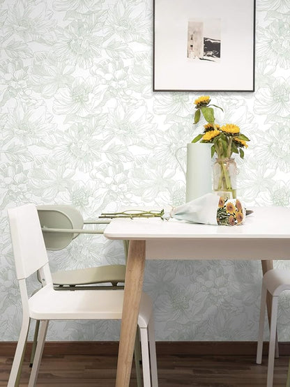 Ismoon Large Floral Peel and Stick Wallpaper Boho White and Green Contact Paper 17.3inx16.3ft Modern Wall Paper Removable Self Adhesive Vinyl Wallpaper for Bedroom Cabinet Bathroom Mural Wall Decor