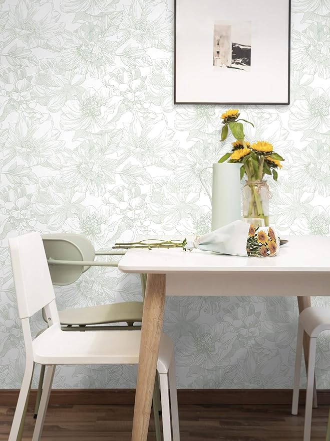 Ismoon Large Floral Peel and Stick Wallpaper Boho White and Green Contact Paper 17.3inx6.5ft Modern Wall Paper Removable Self Adhesive Vinyl Wallpaper for Bedroom Cabinet Bathroom Mural Wall Decor