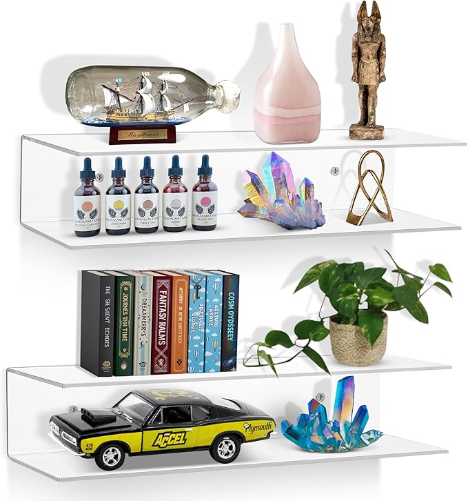 Clear Acrylic Floating Shelves - 2 Tier Wall Mounted Bathroom Organizer Set of 2 (18