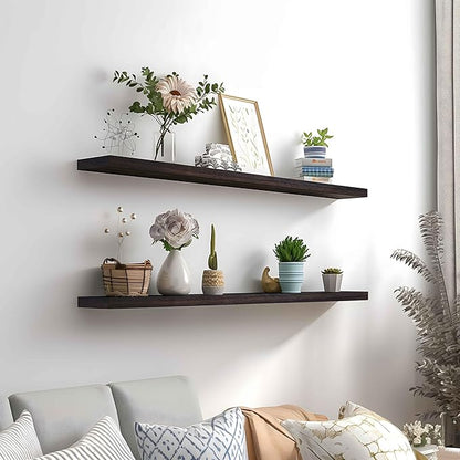 PHPH 48 Inch Wood Floating Shelves for Wall, Wooden Wall Shelves for Bedroom, Set of 4 Brown