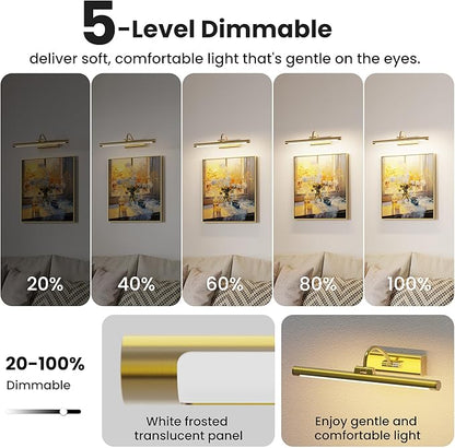 16" Gallery Picture Light with 1pcs Extra 6000mAh Battery- Brass Cordless Rechargeable Wall Sconce with Remote for Library, Study Room, Art & Renter Use