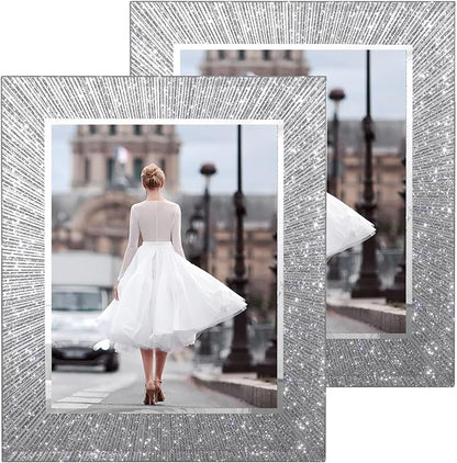 8x10 Picture Frame Glass 2 Pack, Sparkly Glitter Photo Frame 8 x 10 Mirror Crystal Wedding Gift Wall and Tabletop Display