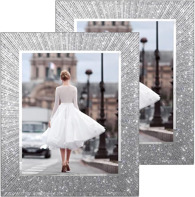 8x10 Picture Frame Glass 2 Pack, Sparkly Glitter Photo Frame 8 x 10 Mirror Crystal Wedding Gift Wall and Tabletop Display