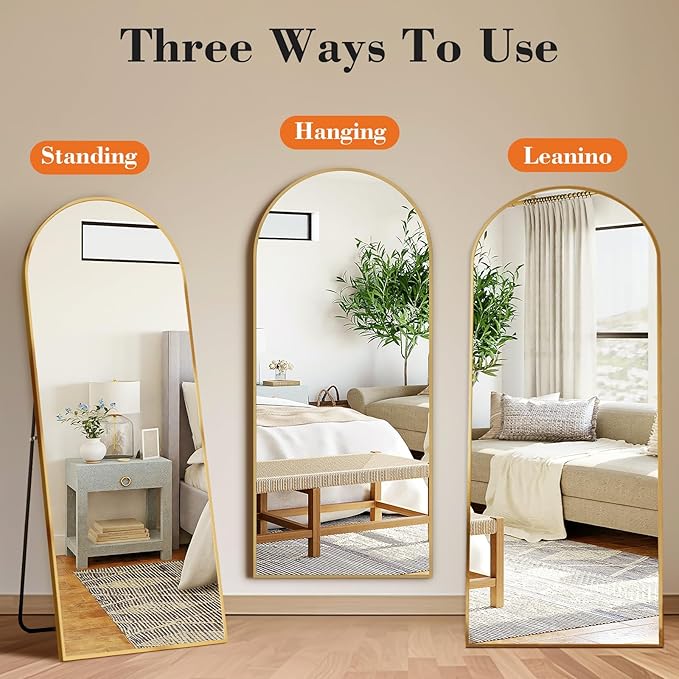 DUMOS Arched Full Length Mirror with Stand Floor Standing Aluminum Frame for Bedroom Body Hanging Leaning Modern Simple Home Decor Shatter-Proorf Nano Glass Wall Living Room Cloakroom Gold 59