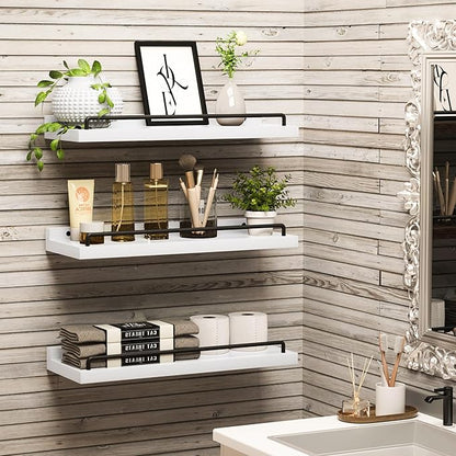 Floating Shelves for Wall Decor, White Shelves for Bathroom, Living Room, Bedroom, Picture Frames, Plants, Kitchen (Set of 3)