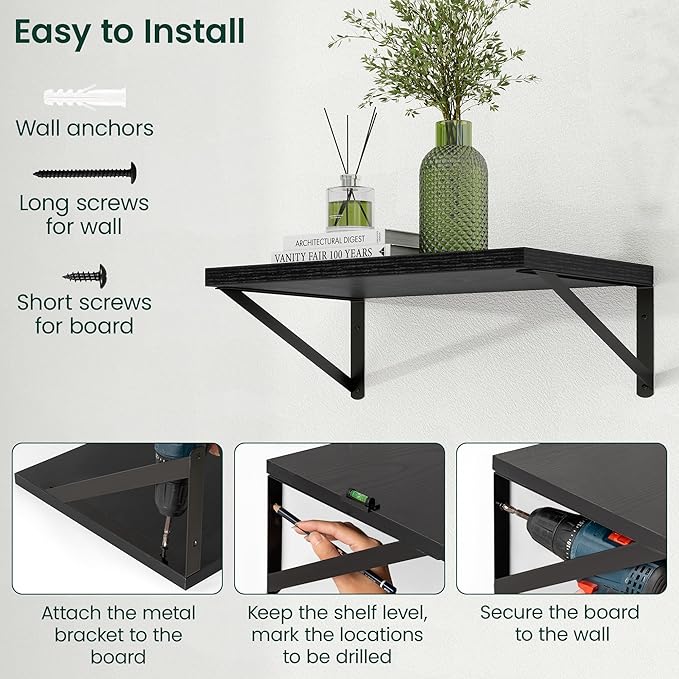 Floating Shelves, 12 Inch Deep Rustic Wood Wall Storage, 48W x 12D Wall Shelves Set of 2, Heavy Duty Metal Brackets, Large Industrial Book Shelf for Living Room, Kitchen, Bedroom, Black