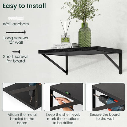 Floating Shelves, 12 Inch Deep Rustic Wood Wall Storage, 48W x 12D Wall Shelves Set of 2, Heavy Duty Metal Brackets, Large Industrial Book Shelf for Living Room, Kitchen, Bedroom, Black