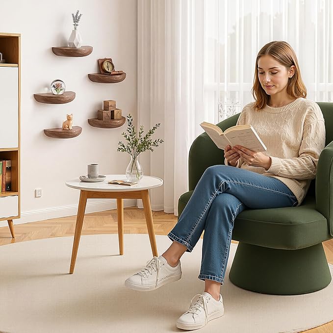 Solid Wood Half Round Floating Shelves, Elegant Floating Shelves, 8.27 Inch Small Wall Mounted Floating Corner Shelves for Living Room, Bedroom, Bathroom, Office. Dark Brown Floating Shelves, Set of 5