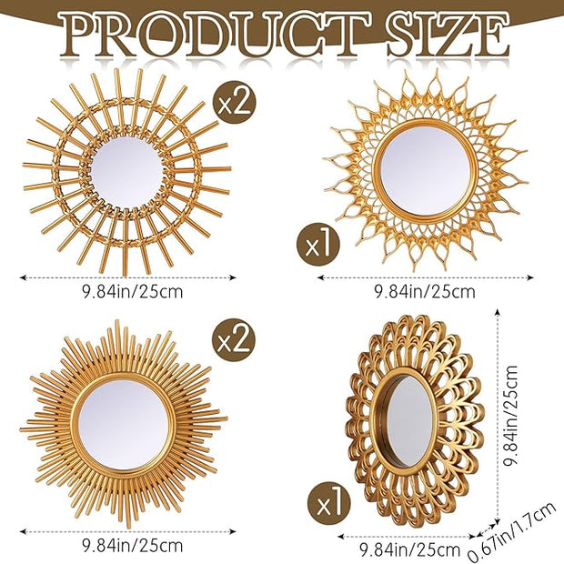 Namalu 6 Pcs Sunburst Mirror for Wall Decor, Small Circle Sun Decorative Mirror Hanging for Art Entryway Home Decor Bathroom Bedroom Living Room(Classic,Gold)
