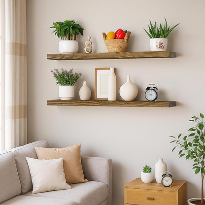 BGMG Wood Floating Shelves for Wall 60 inch Set of 2,Dark Walnut Floating Shelves,Solid Wood Wall Mount Shelves for Living Room Bedroom Kitchen Farmhouse 60x 6.7 x1.75 inch
