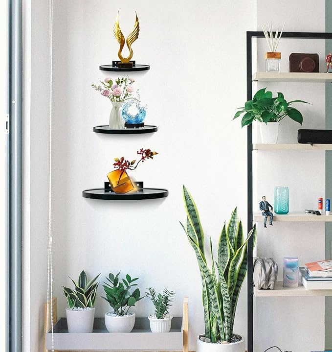 ZEXUIRU 3 Set Glass Decorative Floating Shelves Metal Frame Display Shelf Wall Decor for Home Office Mixed Size