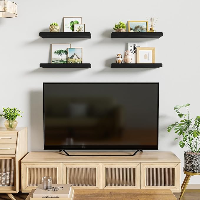 Love-KANKEI Black Floating Shelves for Wall Set of 4, Wood Wall Shelves with Lip,15.6 Inch Rustic Hanging Shelves for Bedroom Bathroom Living Room Kitchen Nursery Display