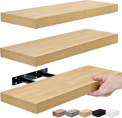 Sorbus Floating Shelves for Wall – 16 Inch Floating Shelf for Kitchen, Bedroom, Living Room, Bathroom, Home & Wall Decor - Mounted Bathroom Shelves with Invisible Brackets (Maple Wood, 3 Pack)