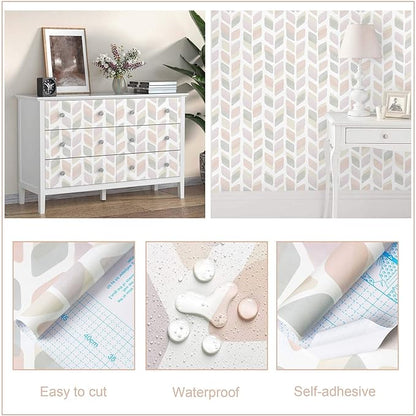 Boho Peel and Stick Wallpaper Pink Checkered Contact Paper 17.3"x78.7" Neutral Geometric Wall Paper Modern Self Adhesive Removable Wallpaper for Bathroom Kitchen Cabinets Waterproof Vinyl Roll