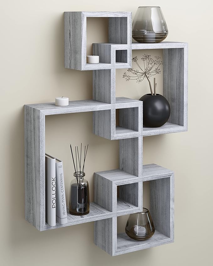 Greenco 4 Cube Intersecting Shelves, Easy-to-Assemble Floating Wall Mount Shelves for Bedrooms and Living Rooms, Rustic White Finish