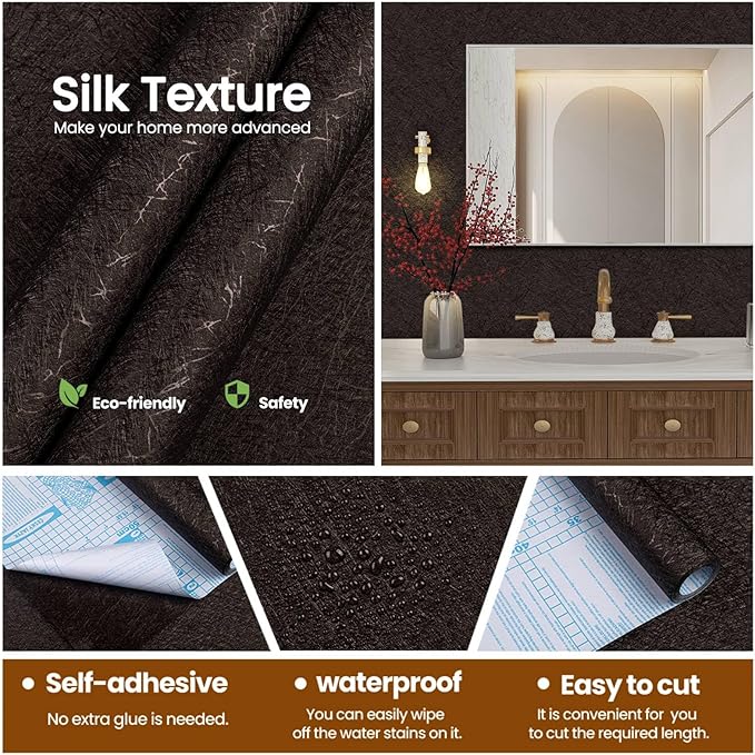 Brown Peel and Stick Self Adhesive Wallpaper - Removable Waterproof Bathroom Countertop Contact Paper 15.7" X 590.5" - Kitchen Vinyl Wrap for Cabinet Countertops - Wall Cover Counter Top Paper