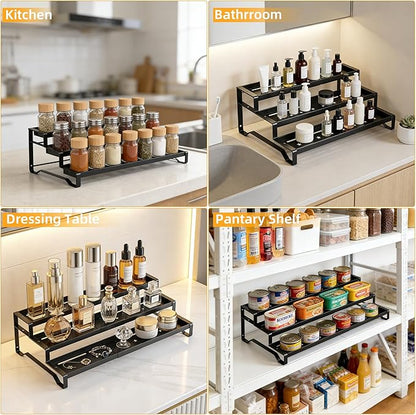 3-Tier Spice Rack Organizer, 13"-21.5" Expandable Spice Organization Shelf, Metal Seasoning Organizer for Kitchen Countertop or Pantry, Slip-Resistant Design for Jars and Bottles, Black