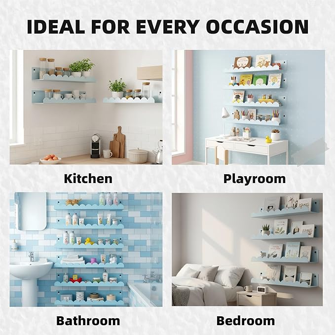 Nursery Book Shelves Set of 6, Blue Metal Floating Shelves for Wall, 16 Inch Scalloped Book Shelf for Kids Room, Bathroom, Bedroom, Playroom Wall Decor & Storage