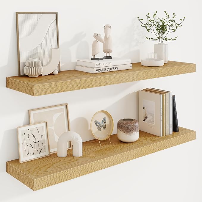 40in Floating Shelves for Wall, 40"W x 9.25"D x 1.25"H, 2 Pack Long Wall Mounted Engineered Wood Shelves with Invisible Brackets for Living Room, Bedroom, Bathroom, Kitchen Decor and Storage, Oak