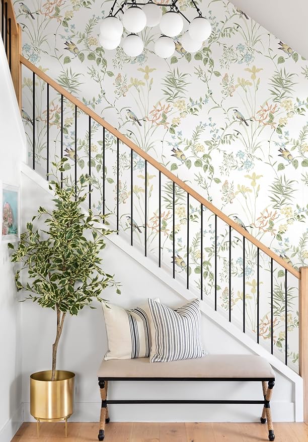 Erfoni 16.9" x118" Boho Floral Peel and Stick Wallpaper Green Floral and Birds Contact Paper DIY Self Adhesive Removable Wallpaper for Livingroom Cabinet Decor Modern Flower Leaf Wall Paper Vinyl Roll