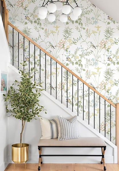 Erfoni 16.9" x118" Boho Floral Peel and Stick Wallpaper Green Floral and Birds Contact Paper DIY Self Adhesive Removable Wallpaper for Livingroom Cabinet Decor Modern Flower Leaf Wall Paper Vinyl Roll